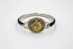 Patricia Nash World Coin Braided Black Leather Silvertone Bangle Bracelet. 6-3/4