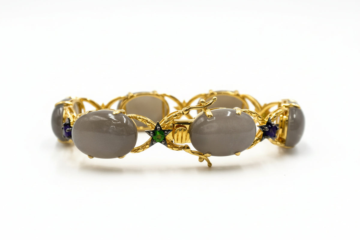 Colleen Lopez Sterling Silver Goldclad Gray Moonstone Muti-gems Station Bracelet, 7-3/4"