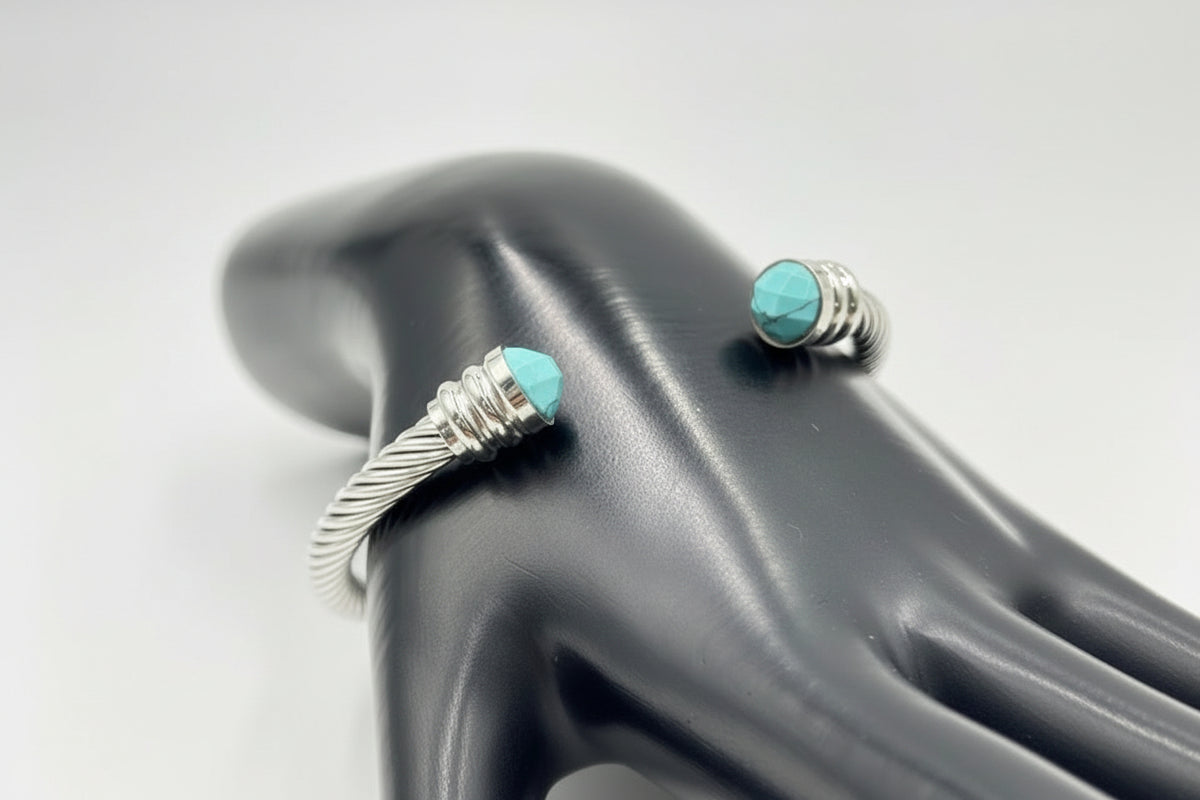 HSN Stainless Steel Faceted Cabochon Turquoise Twisted Cable Bracelet, 7"[Lot of 5]