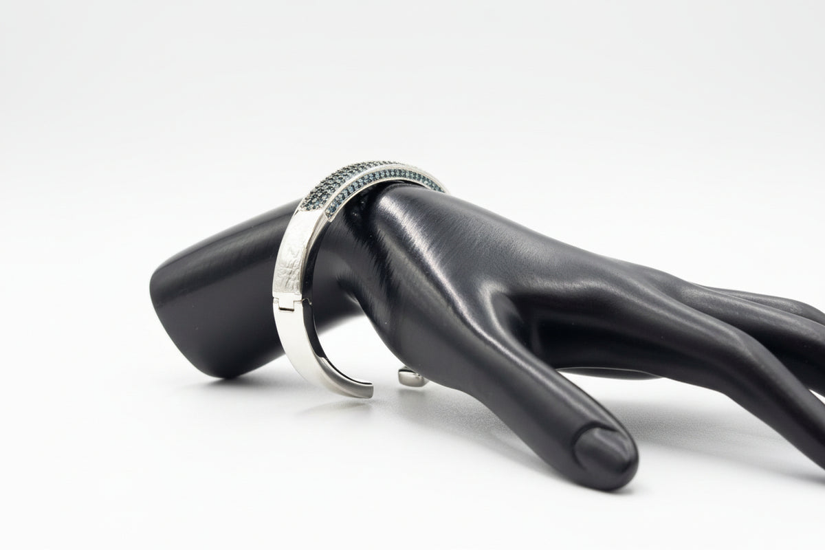 QVC Round Blue Topaz Gem Hinged Cuff Sterling Silver Bracelet, Large: 8"