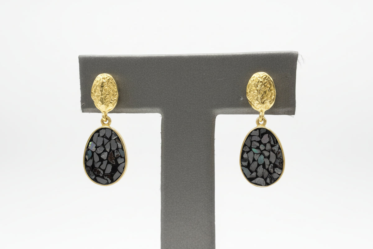 Joya Crushed Black Diamond Art-Deco Oval Goldtone Drop Earrings