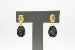 Joya Crushed Black Diamond Art-Deco Oval Goldtone Drop Earrings
