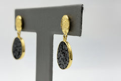 Joya Crushed Black Diamond Art-Deco Oval Goldtone Drop Earrings