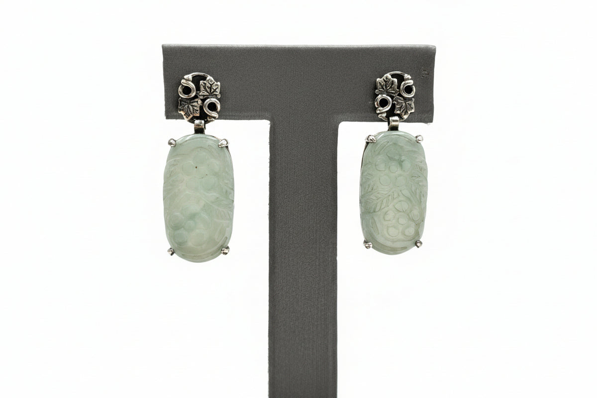 Jade of Yesteryear Sterling Silver Floral Carved Green Jade Drop Earrings