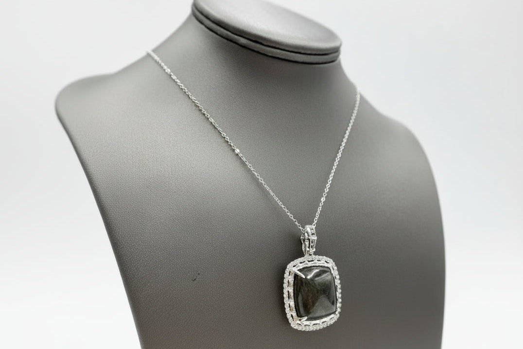 Jade of Yesteryear Square Black Jade & Cubic Zirconia Pendant Necklace, 18"