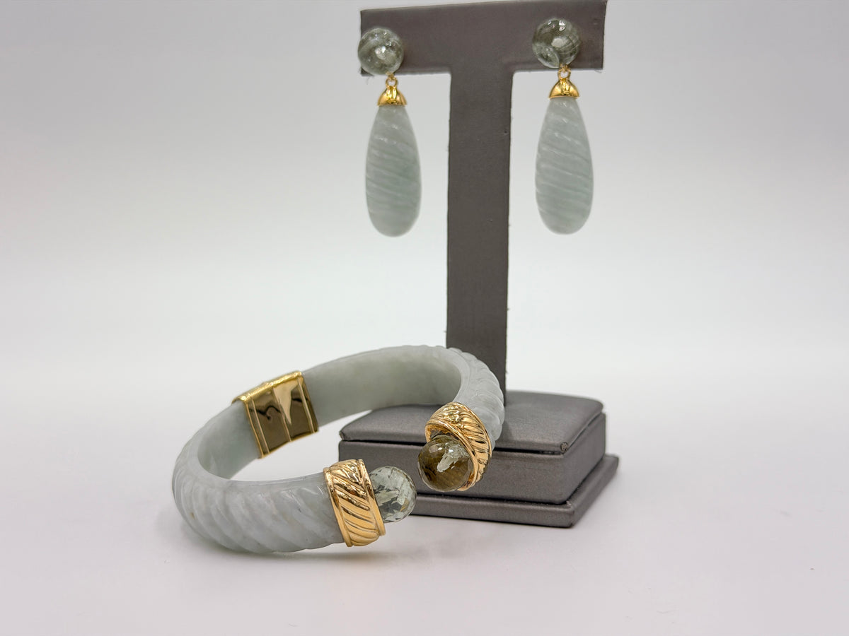Jade of Yesteryear Sterling Silver Green Jadeite & Prasolite Carved Jade Set