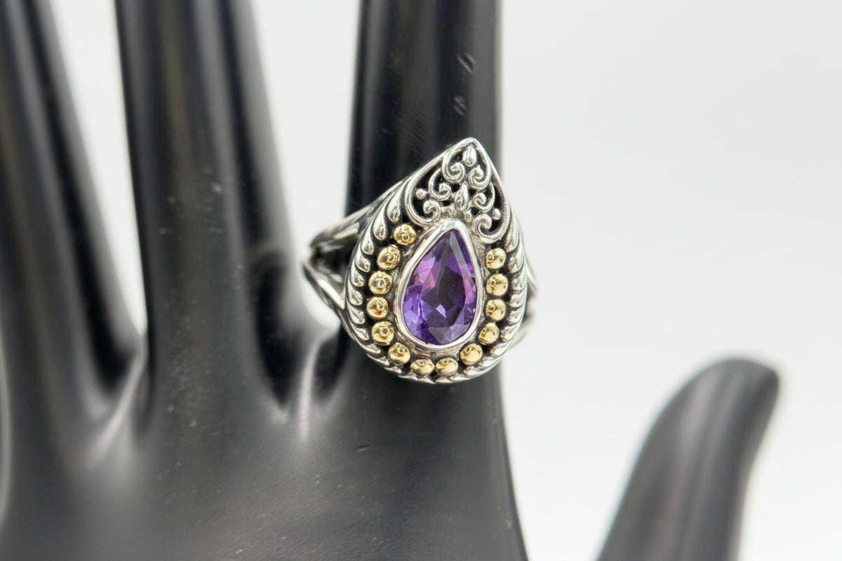 Bali RoManse Sterling Silver & 18k Pear Amethyst Cocktail Ring Size 7