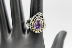 Bali RoManse Sterling Silver & 18k Pear Amethyst Cocktail Ring Size 7