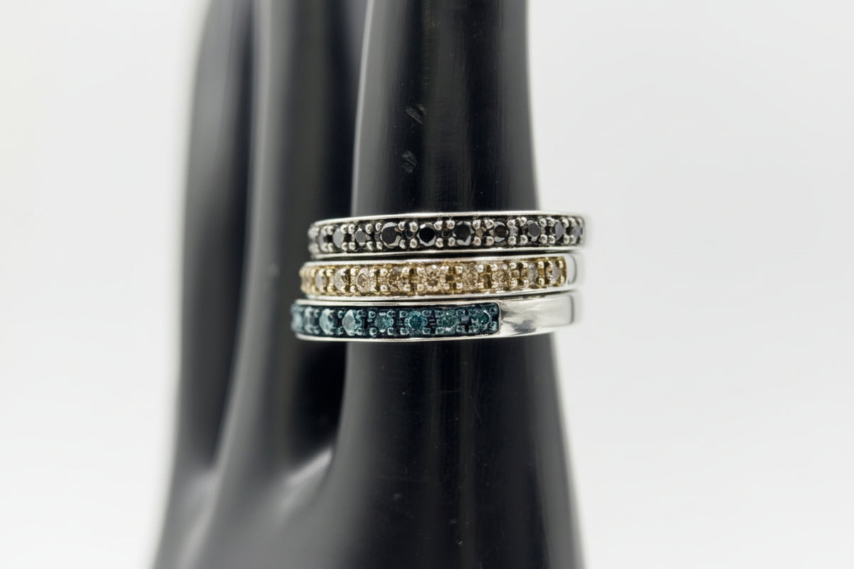 49ctw Black, Blue & Champagne Diamond Silver Band Rings Ã¢â‚¬â€œ Set of 3 (Size 5)