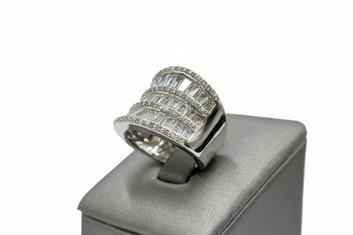 Absolute Sterling Silver Cz Baguette & Round Multi-Row Saddle Ring, Size 6