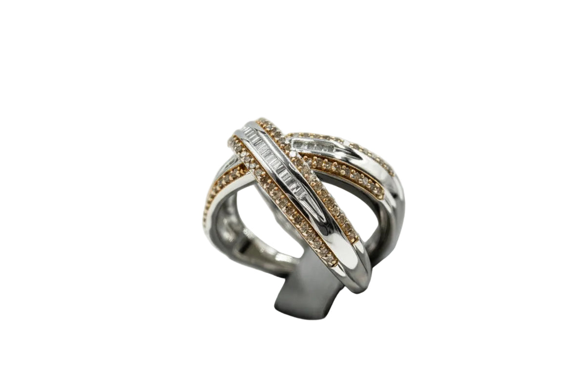 HSN Sterling Silver Champagne & White Diamond "X" Ring. Size 6