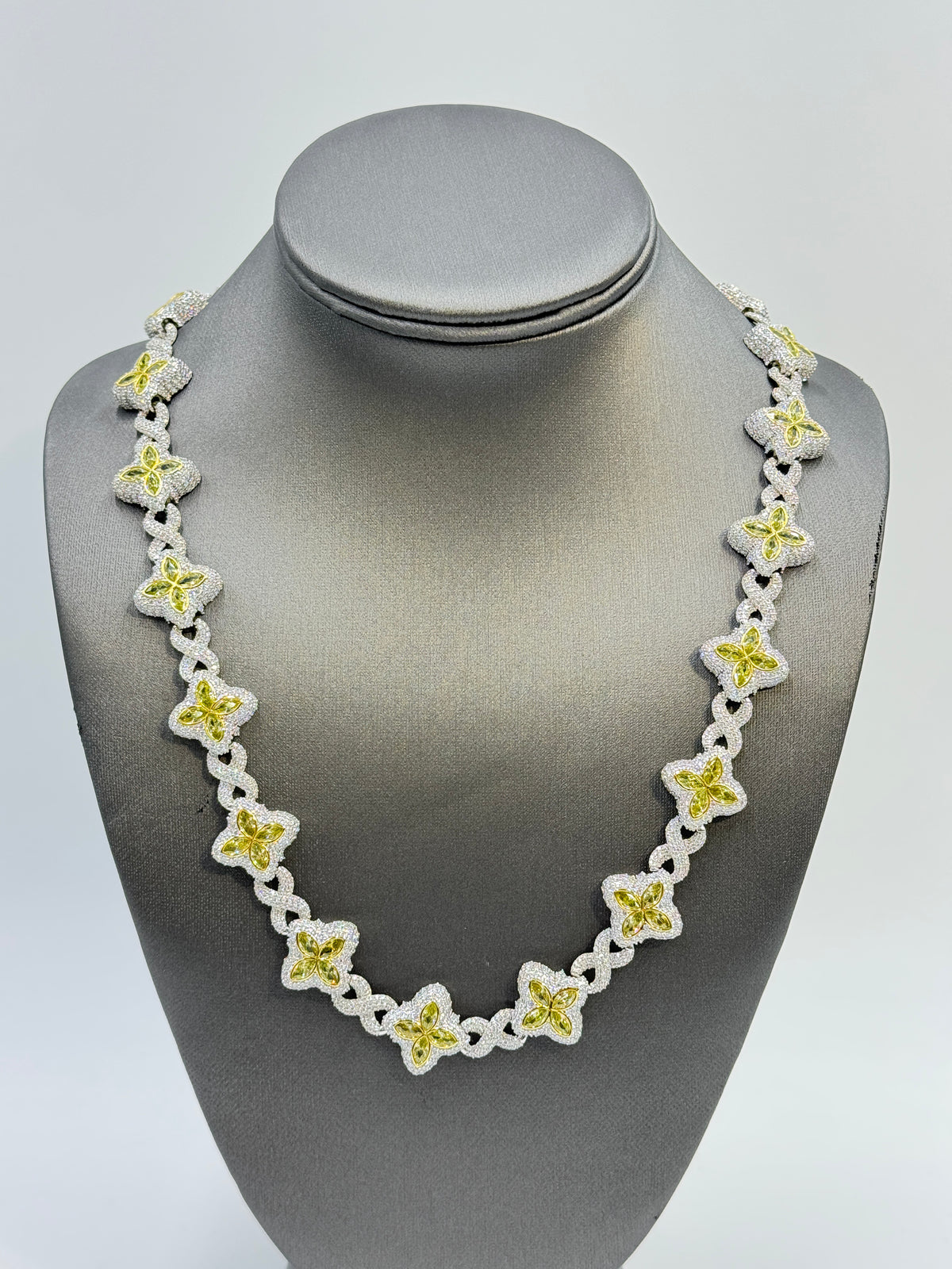 Duhaas Sterling Silver 925 Clover Infinity Chain Necklace 22” | 18mm Wide | DEF VVS Moissanite Pavé ~54 CTW | Citrine CZ Marquise Accents | 92.1g Solid Silver Statement Necklace