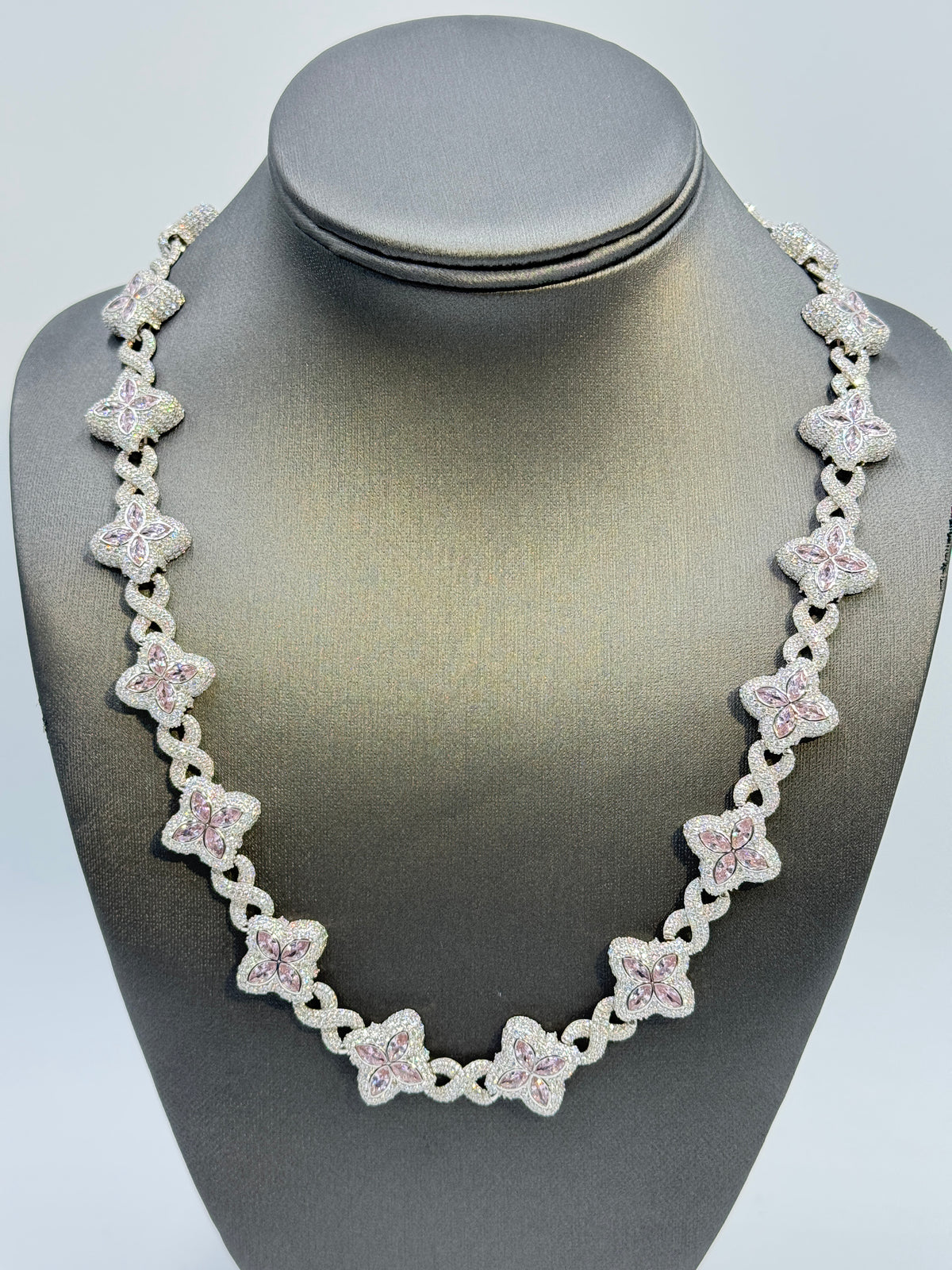 Duhaas Sterling Silver 925 Clover Infinity Chain Necklace 22” | 18mm Wide | DEF VVS Moissanite Pavé ~54 CTW | Pink Tourmaline CZ Marquise Accents | 91.2g Solid Silver Statement Necklace