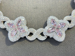 Duhaas Sterling Silver 925 Clover Infinity Chain Necklace 22” | 18mm Wide | DEF VVS Moissanite Pavé ~54 CTW | Pink Tourmaline CZ Marquise Accents | 91.2g Solid Silver Statement Necklace