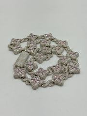 Duhaas Sterling Silver 925 Clover Infinity Chain Necklace 22” | 18mm Wide | DEF VVS Moissanite Pavé ~54 CTW | Pink Tourmaline CZ Marquise Accents | 91.2g Solid Silver Statement Necklace