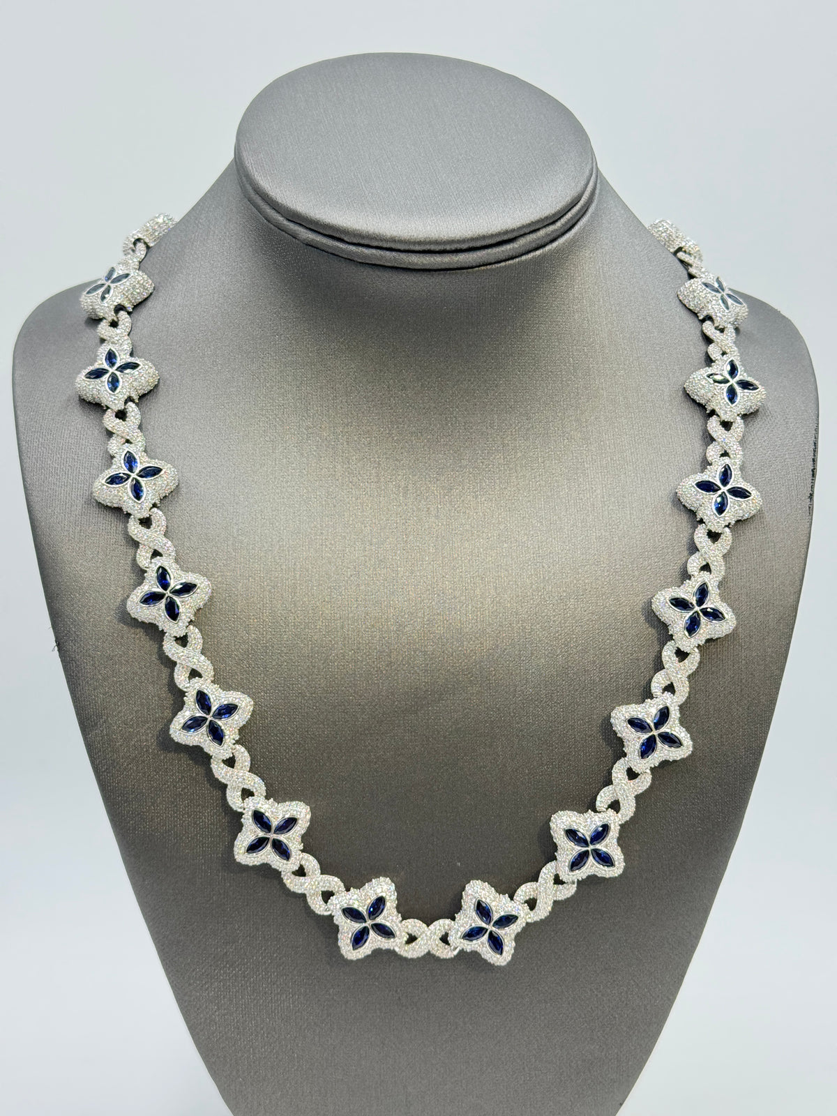 Duhaas Sterling Silver 925 Clover Infinity Chain Necklace 22” | 18mm Wide | DEF VVS Moissanite Pavé ~54 CTW | Blue Sapphire CZ Marquise Accents | 91.2g Solid Silver Statement Necklace