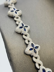 Duhaas Sterling Silver 925 Clover Infinity Chain Necklace 22” | 18mm Wide | DEF VVS Moissanite Pavé ~54 CTW | Blue Sapphire CZ Marquise Accents | 91.2g Solid Silver Statement Necklace