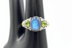 Artisan Crafted Sterling Silver Labradorite & Peridot Three Stone Ring Size 10