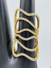 Italian Silver Sterling Wide Free-Form Crystal Ring, Yellow Gold Plated Sterling Silver, Size 6
