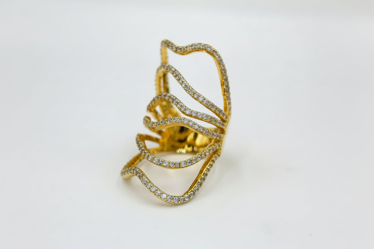 Italian Silver Sterling Wide Free-Form Crystal Ring, Yellow Gold Plated Sterling Silver, Size 6