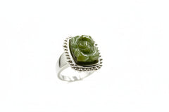 Jade of Yesteryear Sterling Silver Flower Carved Dark Green Jade Ring, Size 8
