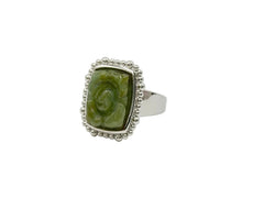Jade of Yesteryear Sterling Silver Flower Carved Dark Green Jade Ring, Size 8
