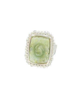 Jade of Yesteryear Sterling Silver Flower Carved Dark Green Jade Ring, Size 8