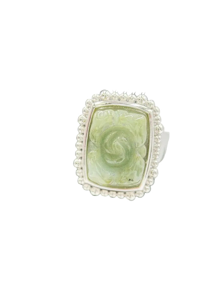 Jade of Yesteryear Sterling Silver Flower Carved Dark Green Jade Ring, Size 8