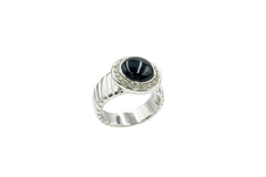 Colleen Lopez Black Onyx Cabochon & White Topaz Halo Silvertone Ring Size 6