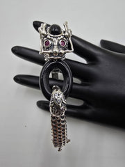 Jade of Yesteryear Sterling Silver Black Jade, Ruby and CZ Dragon Bracelet, 7-1/2"