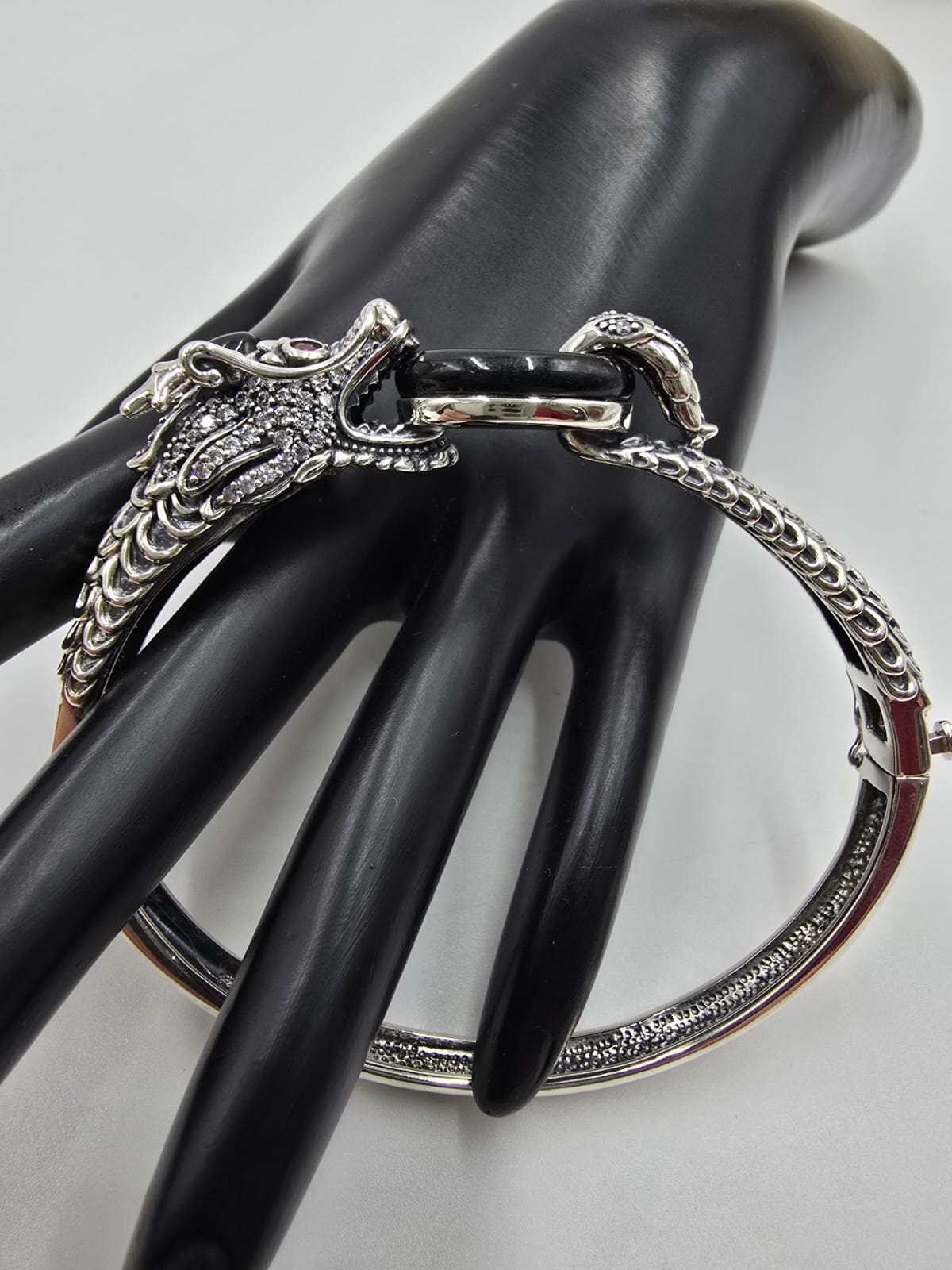 Jade of Yesteryear Sterling Silver Black Jade, Ruby and CZ Dragon Bracelet, 7-1/2"