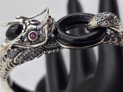 Jade of Yesteryear Sterling Silver Black Jade, Ruby and CZ Dragon Bracelet, 7-1/2"