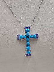 Colleen Lopez Sterling Silver Turquoise & Tanzanite Cross Pendant Necklace, 18"