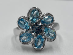 Six Petal Flower Blue Topaz & Zircon Statement Ring – Sterling Silver, Size 6