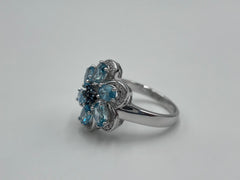 Six Petal Flower Blue Topaz & Zircon Statement Ring – Sterling Silver, Size 6