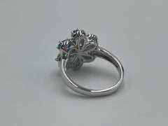 Six Petal Flower Blue Topaz & Zircon Statement Ring – Sterling Silver, Size 6