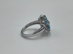 Six Petal Flower Blue Topaz & Zircon Statement Ring – Sterling Silver, Size 6