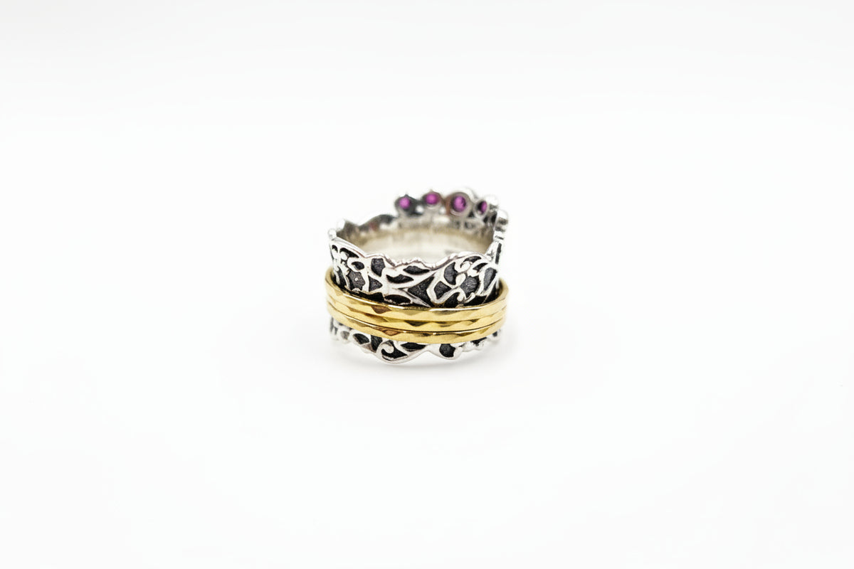 LiPaz Sterling Silver 2Tone Textured Rhodolite Crown Spinner Ring, Sz 5
