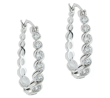 Epiphany Diamonique 100 Facet Graduated Oval Sterling Silver Hoops
