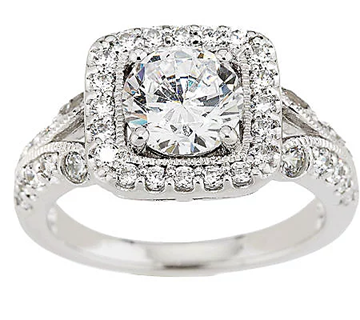 Diamonique Platinum Clad Round with Cushion Halo Milgrain Ring Size 6