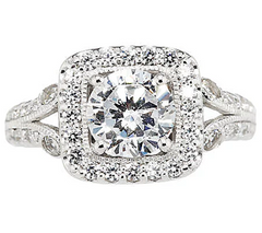 Diamonique Platinum Clad Round with Cushion Halo Milgrain Ring Size 6