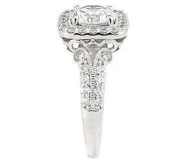 Diamonique Platinum Clad Round with Cushion Halo Milgrain Ring Size 6