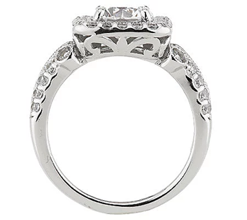 Diamonique Platinum Clad Round with Cushion Halo Milgrain Ring Size 6