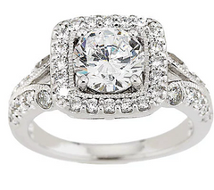 Diamonique Platinum Clad Round with Cushion Halo Milgrain Ring Size 6