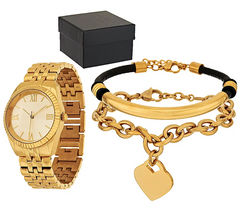 Gold Tone Stainless Steel Watch and Bracelet Set Boxed