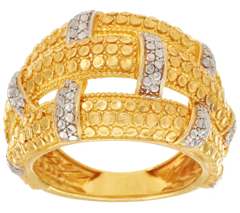 Silver Style Sterling Gold Clad Basket Weave Diamond Cut Domed Ring, Size 6-1/2"