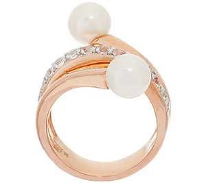 Honora Cultured Pearl White Topaz Rosegold Tone Bronze Ring Size 7