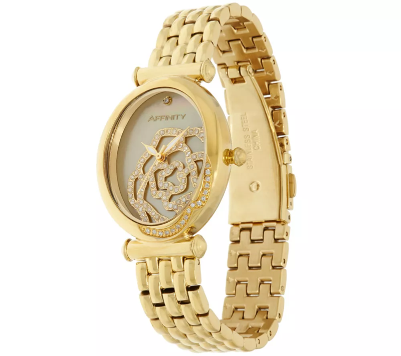Rose Encrusted Diamond Gold Tone Stainless Steel Watch by Affinity Avg