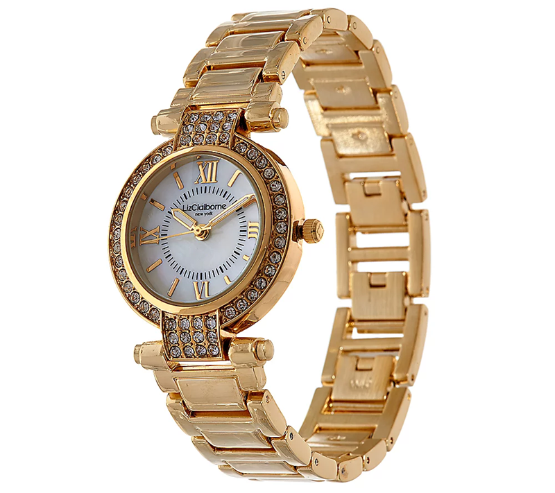 Liz Claiborne New York Mother Of Pearl Goldtone Watch w/ Crystals