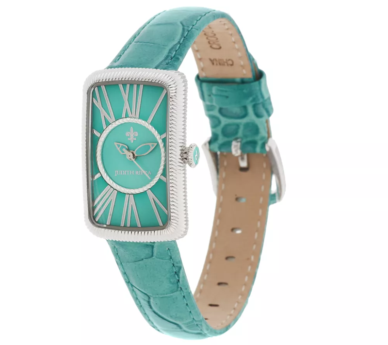 Judith Ripka Avalon Stainless Leather Wat Teal Croco Embossed Watch